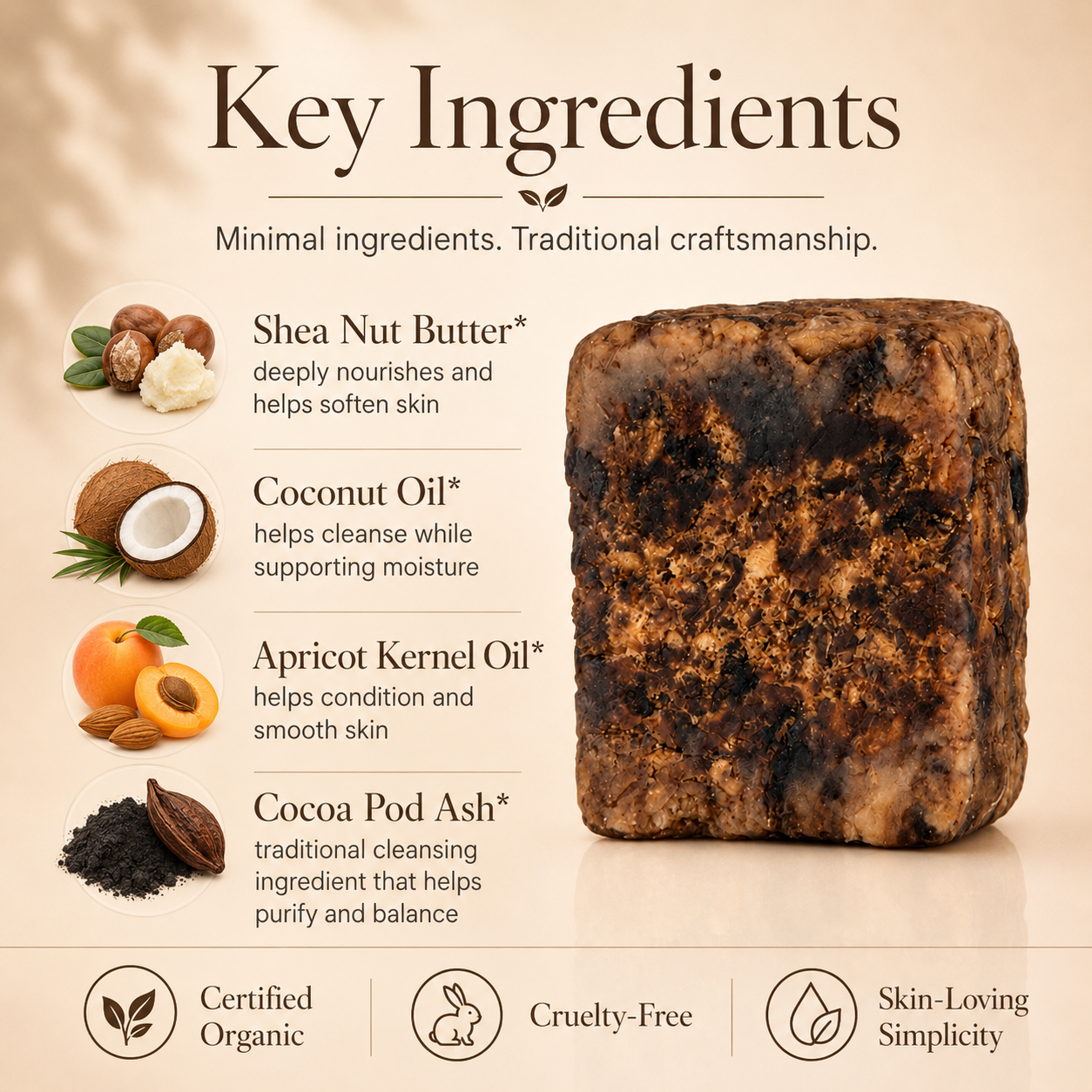 African black soap bar on a wooden draining dish