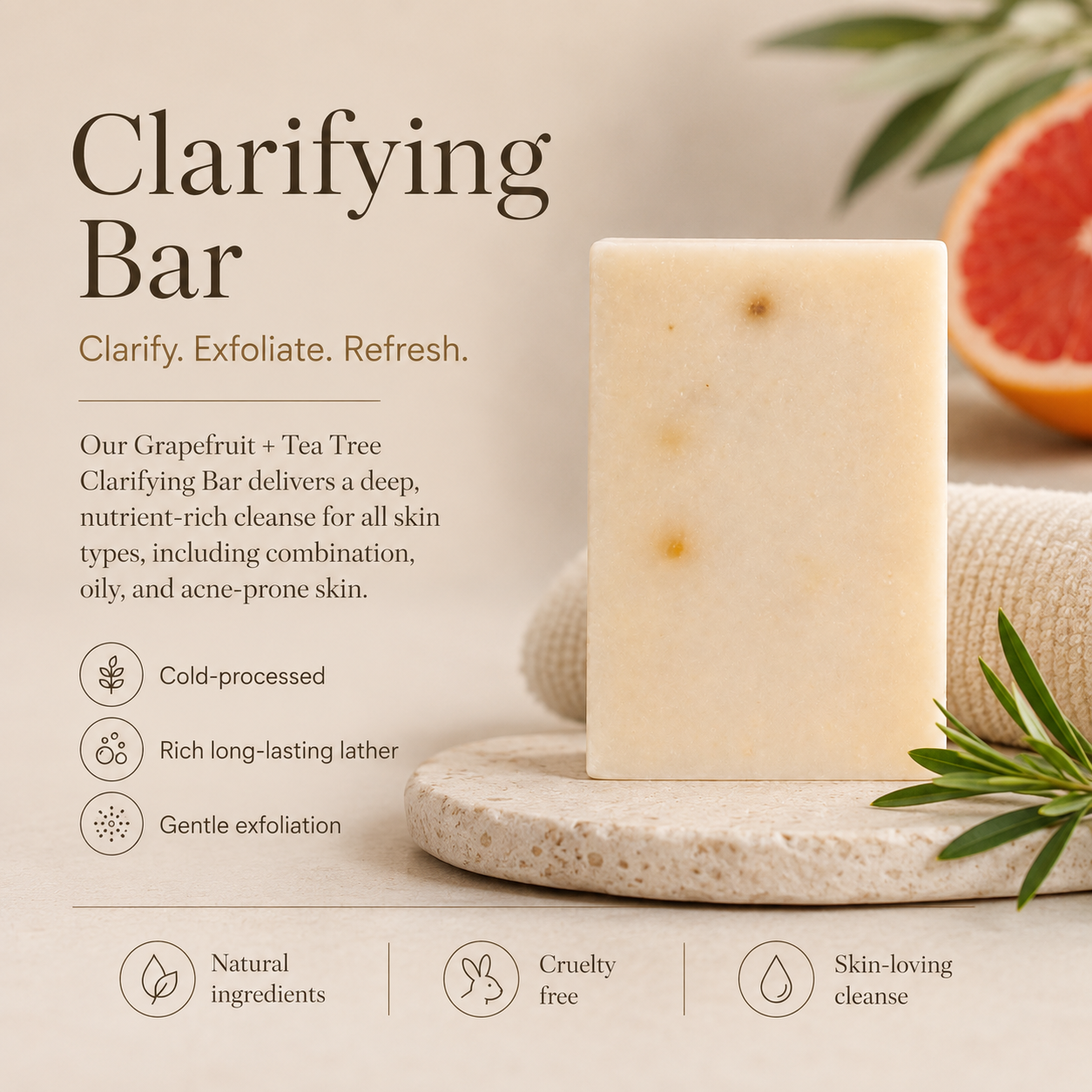 Grapefruit and tea tree clarifying bar soap with visible oatmeal and salt texture — view 4