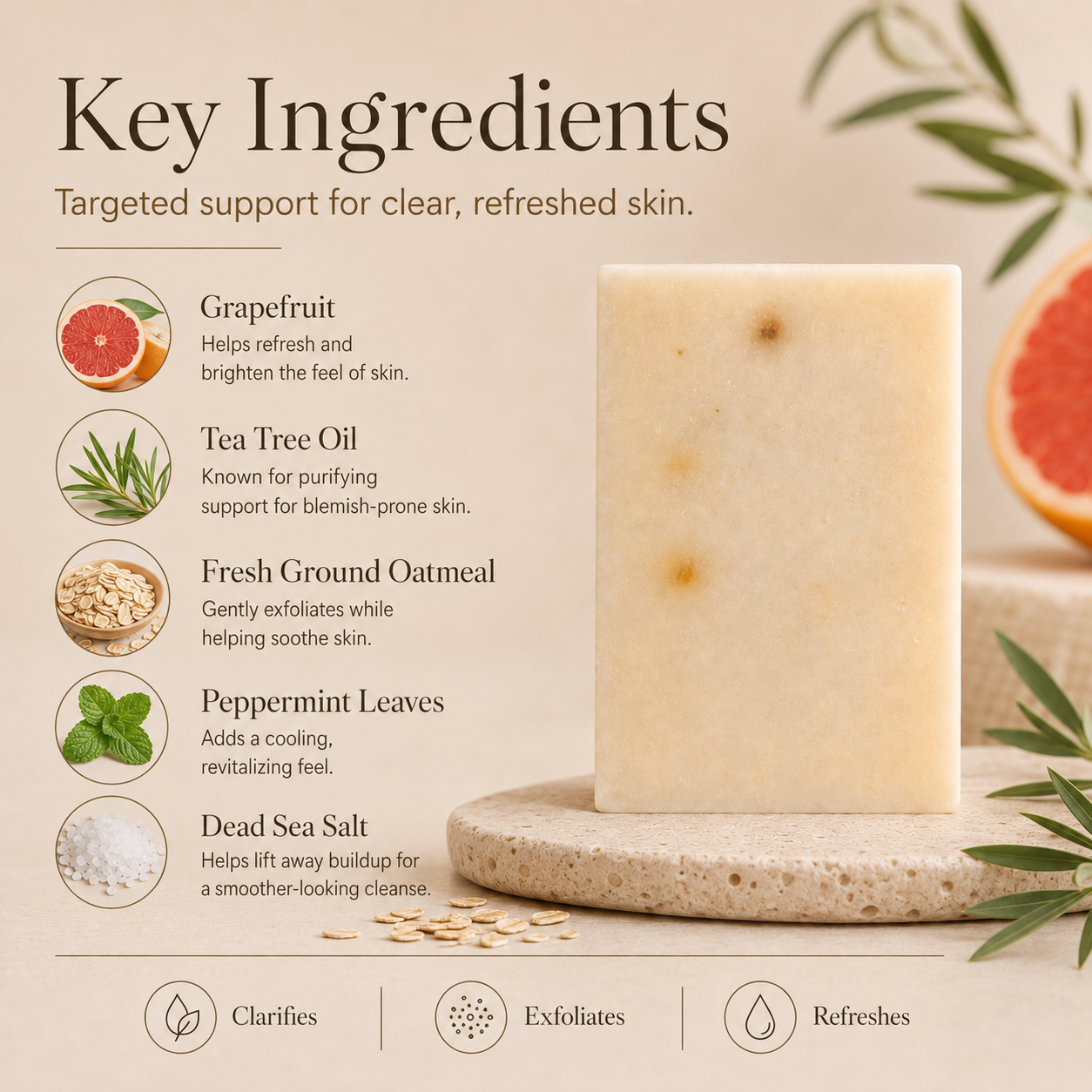 Grapefruit and tea tree clarifying bar soap with visible oatmeal and salt texture — view 2