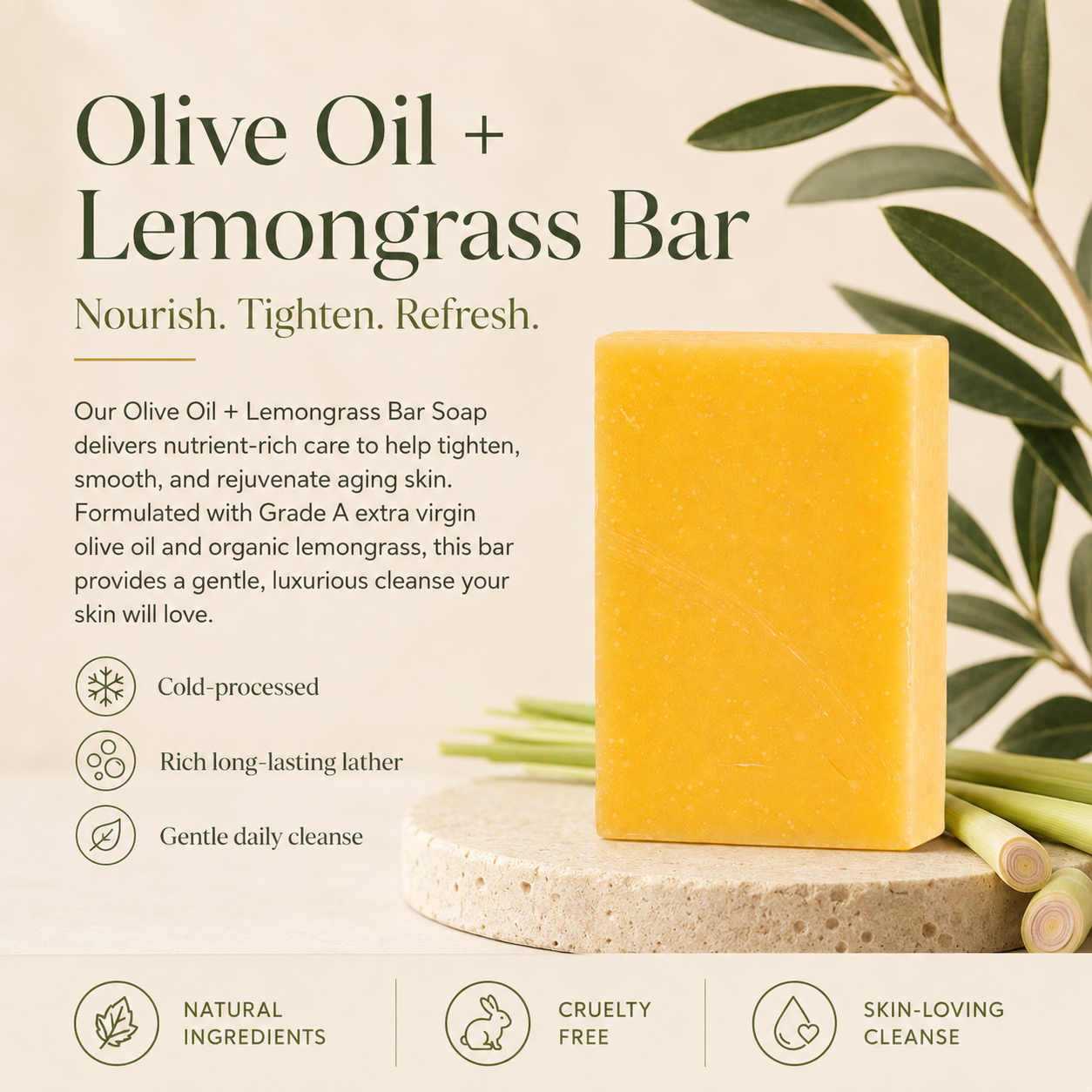 Olive oil and lemongrass anti-aging bar soap, pale bar with a smooth finish — view 4