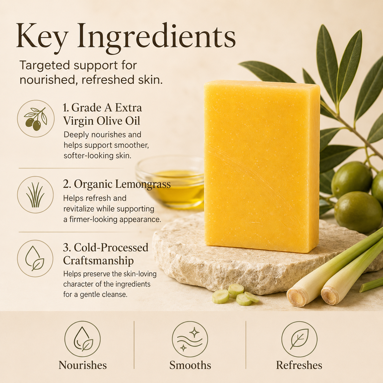Olive oil and lemongrass anti-aging bar soap, pale bar with a smooth finish — view 3