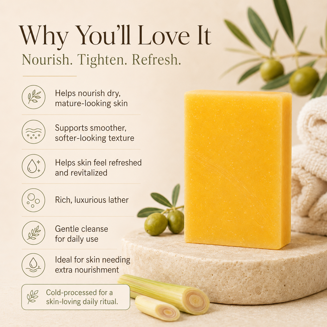 Olive oil and lemongrass anti-aging bar soap, pale bar with a smooth finish — view 2