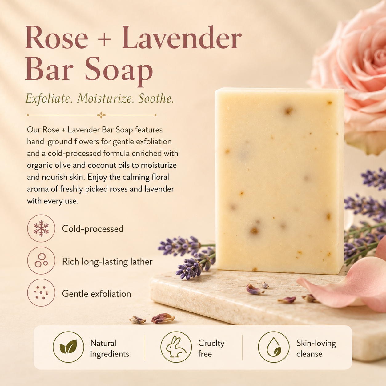 Rose and lavender wildflower bar soap with visible ground flower petals — view 4