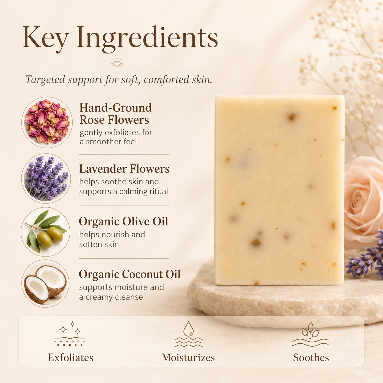 Rose and lavender wildflower bar soap with visible ground flower petals — view 3