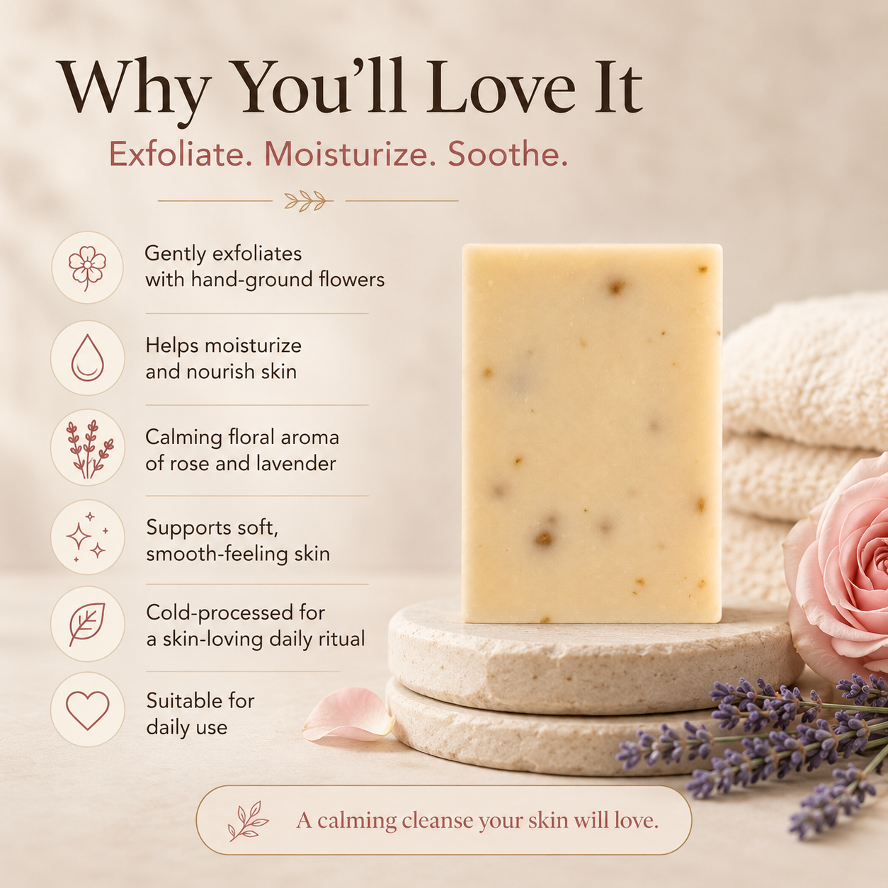 Rose and lavender wildflower bar soap with visible ground flower petals — view 2