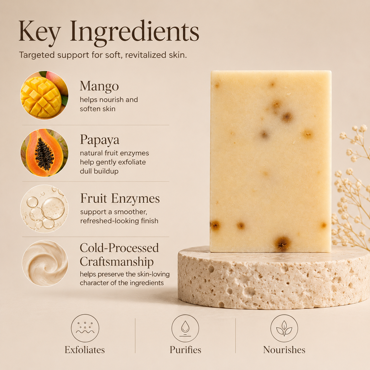Mango and papaya enzyme bar soap, warm golden-orange bar — view 3