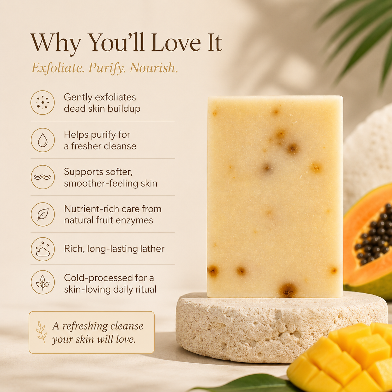 Mango and papaya enzyme bar soap, warm golden-orange bar — view 2