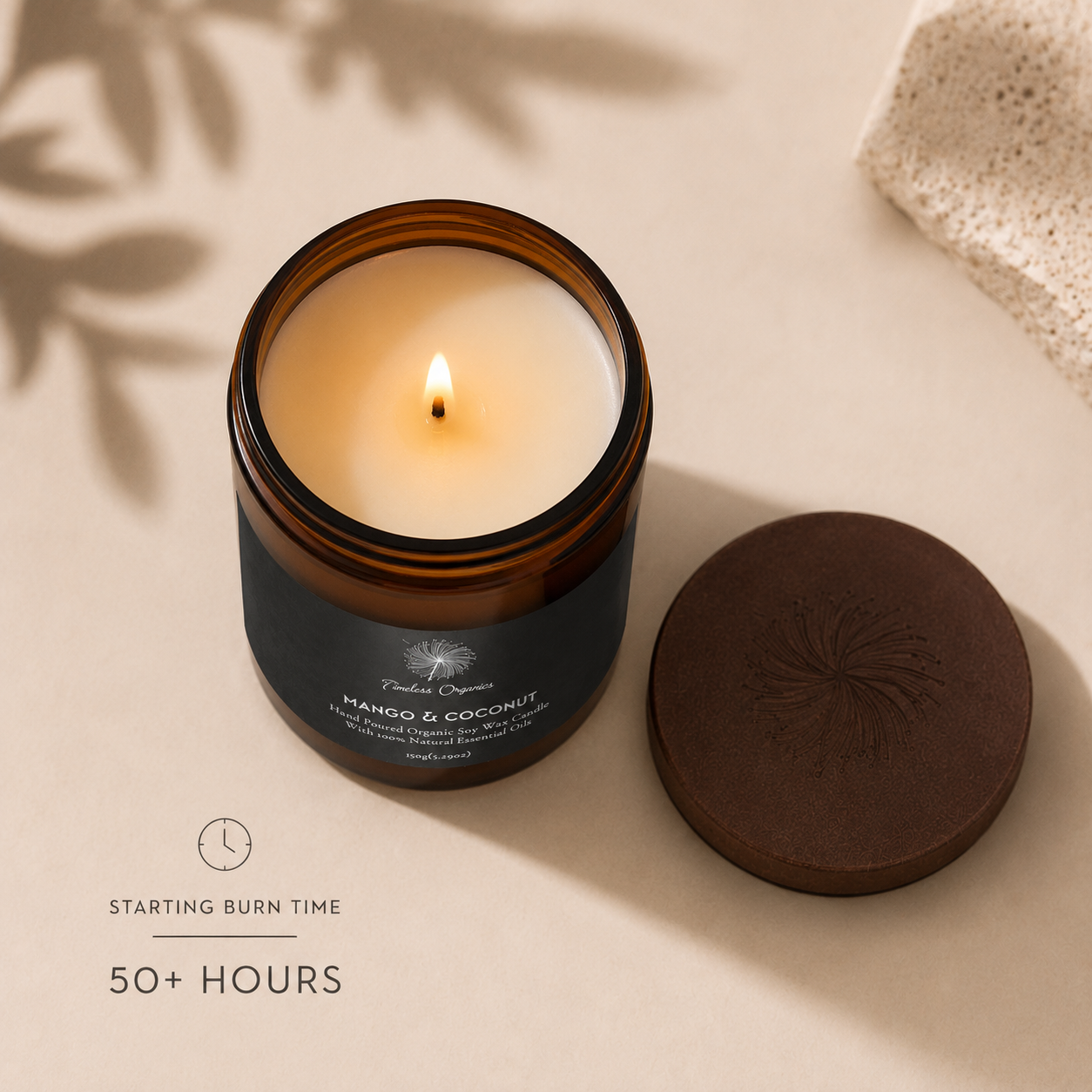 Mango and coconut hand-poured organic soy candle in recyclable amber glass — view 4