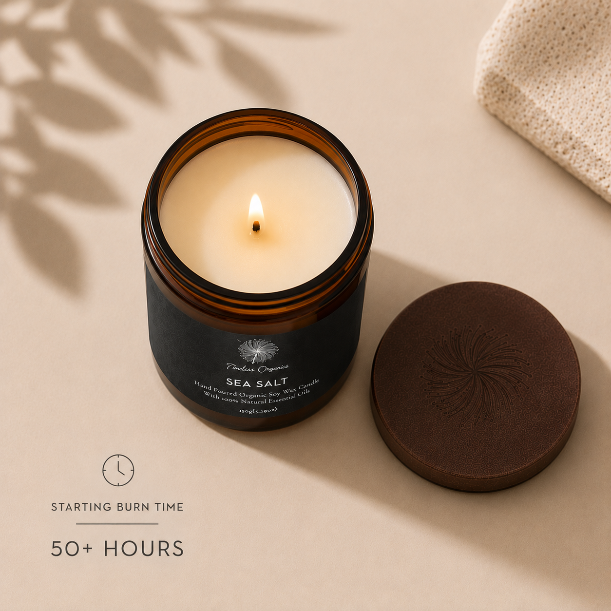 Sea Salt candle burning with a low, even flame