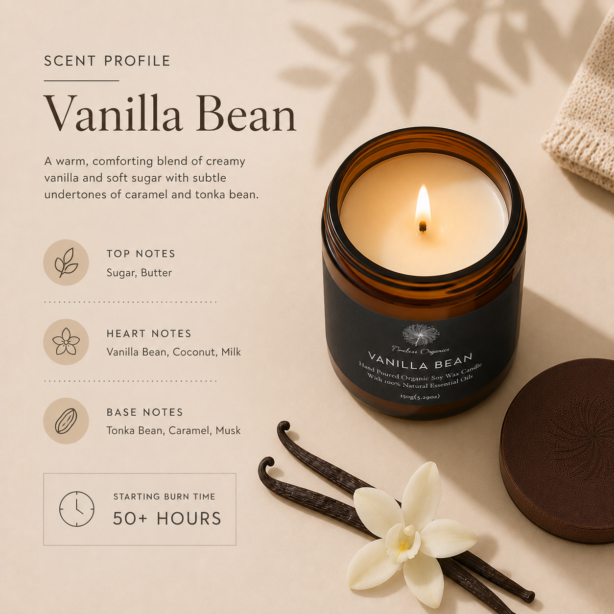 Vanilla bean hand-poured organic soy candle in recyclable amber glass — view 2
