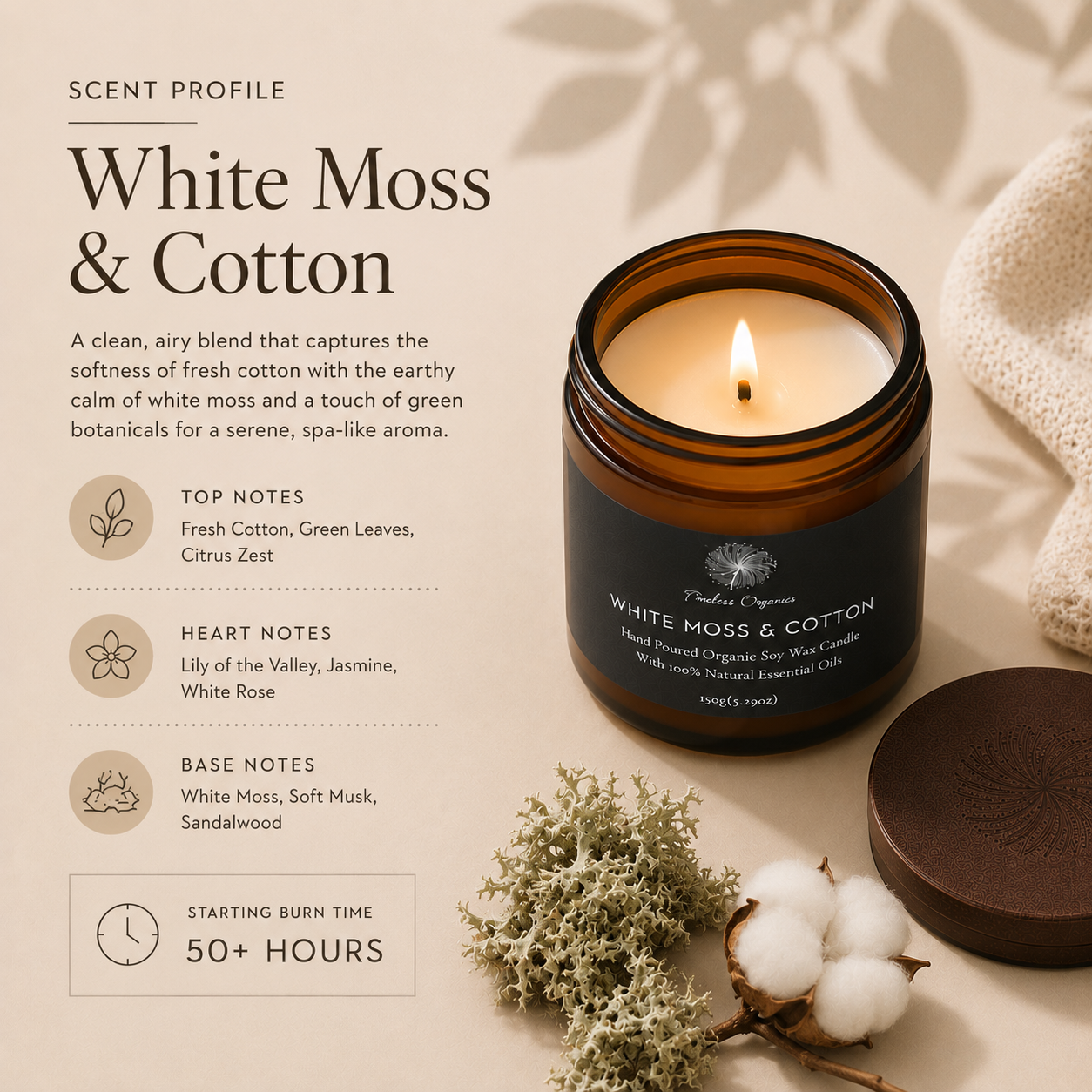 Timeless soy candle with lid removed showing the wax surface