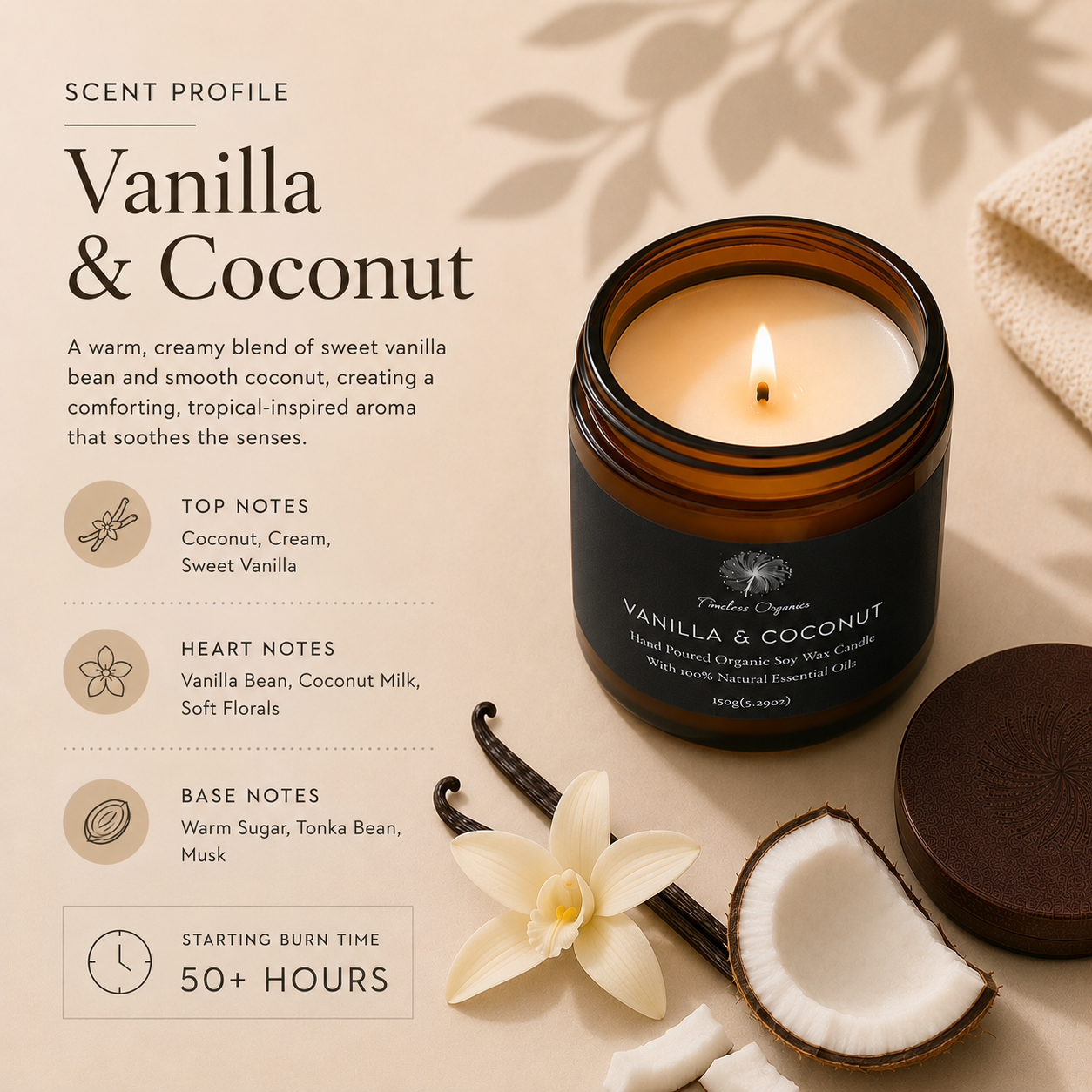 Vanilla and Coconut candle burning with a low, even flame