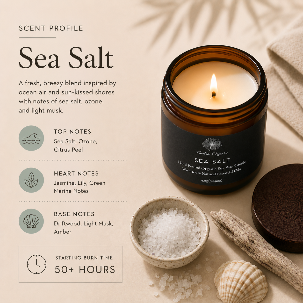 Sea Salt soy candle with the lid resting beside the jar