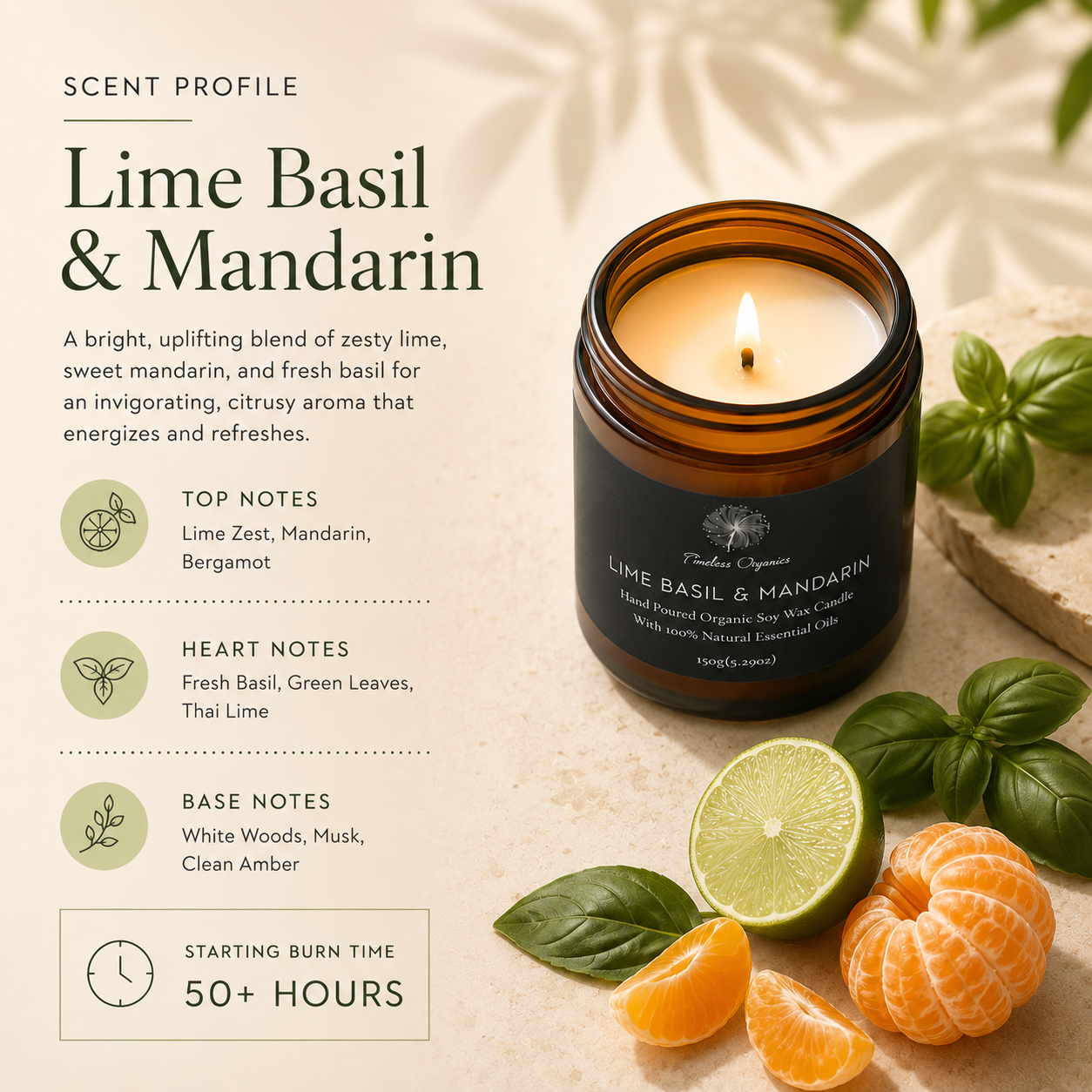 Lime, basil and mandarin hand-poured organic soy candle in recyclable amber glass — view 2