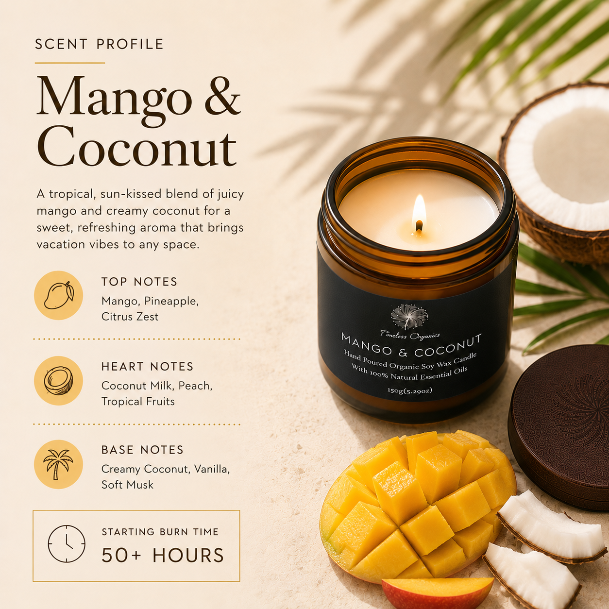 Mango and coconut hand-poured organic soy candle in recyclable amber glass — view 2