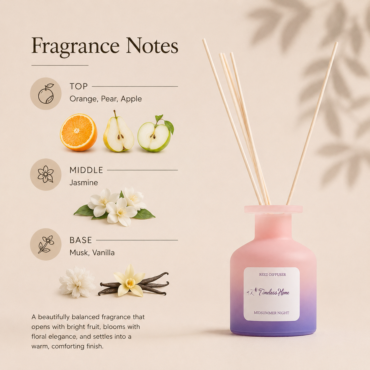 Midsummer Night reed diffuser in a frosted glass vessel with five natural reed sticks — view 2