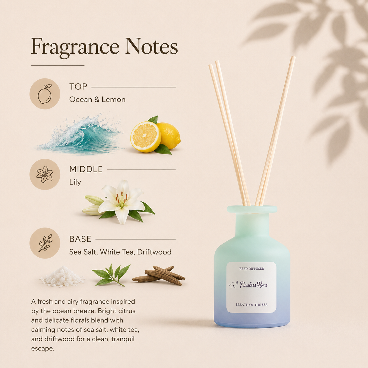Breathe of the Sea reed diffuser in a frosted glass vessel with five natural reed sticks — view 2