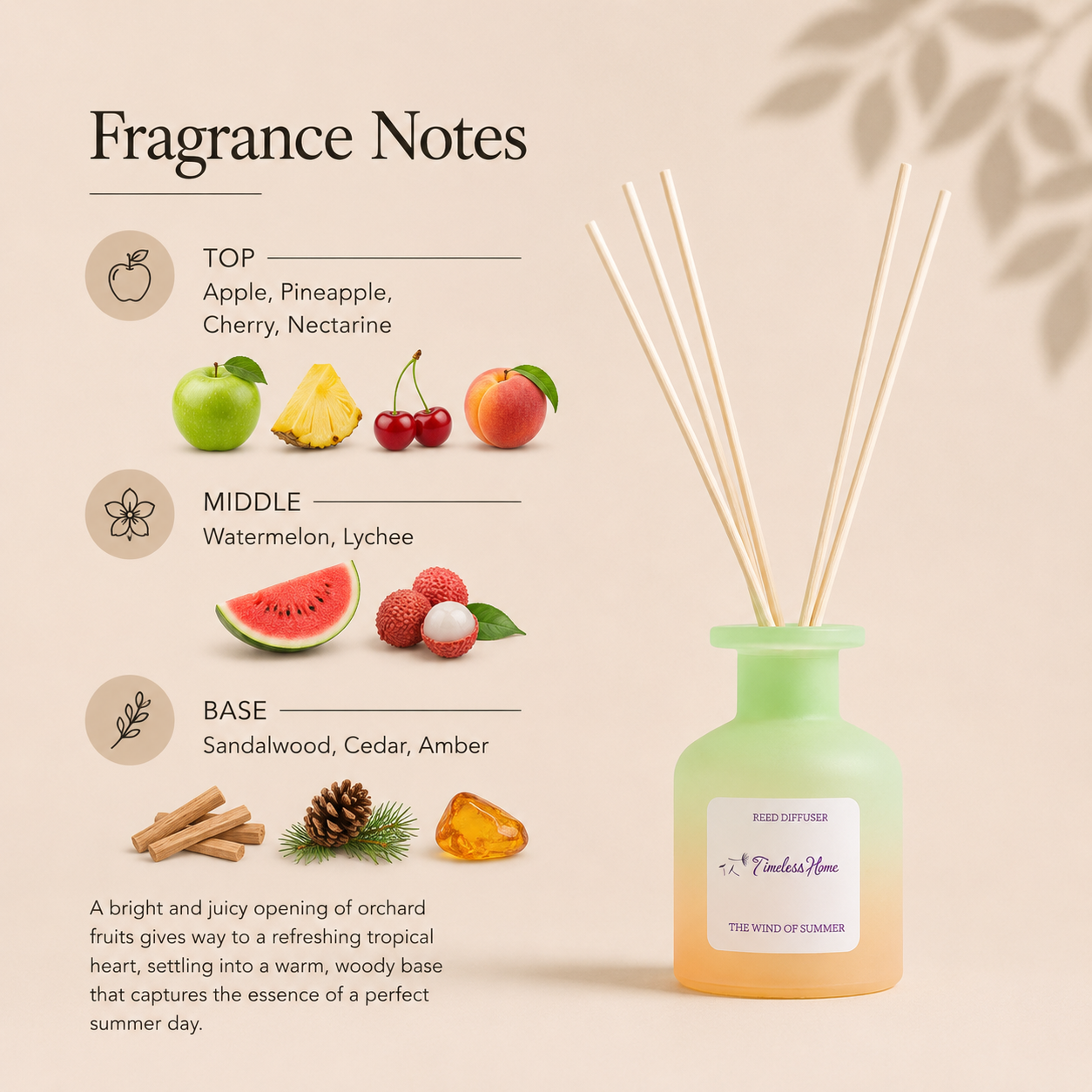 Wind of Summer reed diffuser bottle with the reeds fanned out
