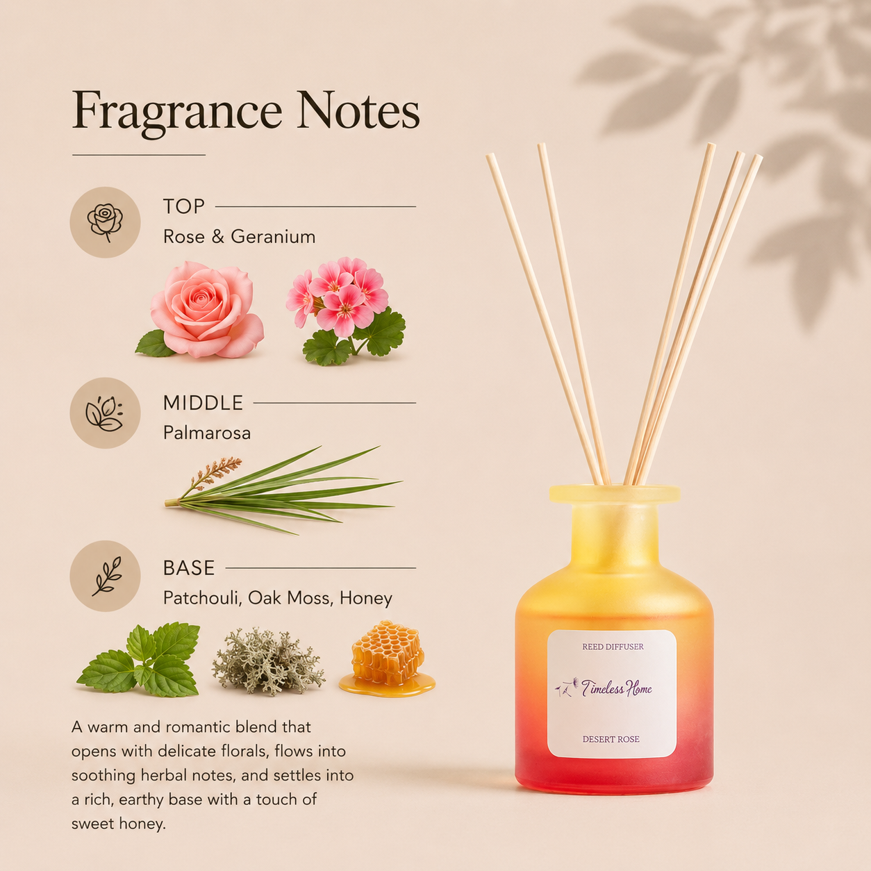 Desert Rose reed diffuser with the reeds fanned out