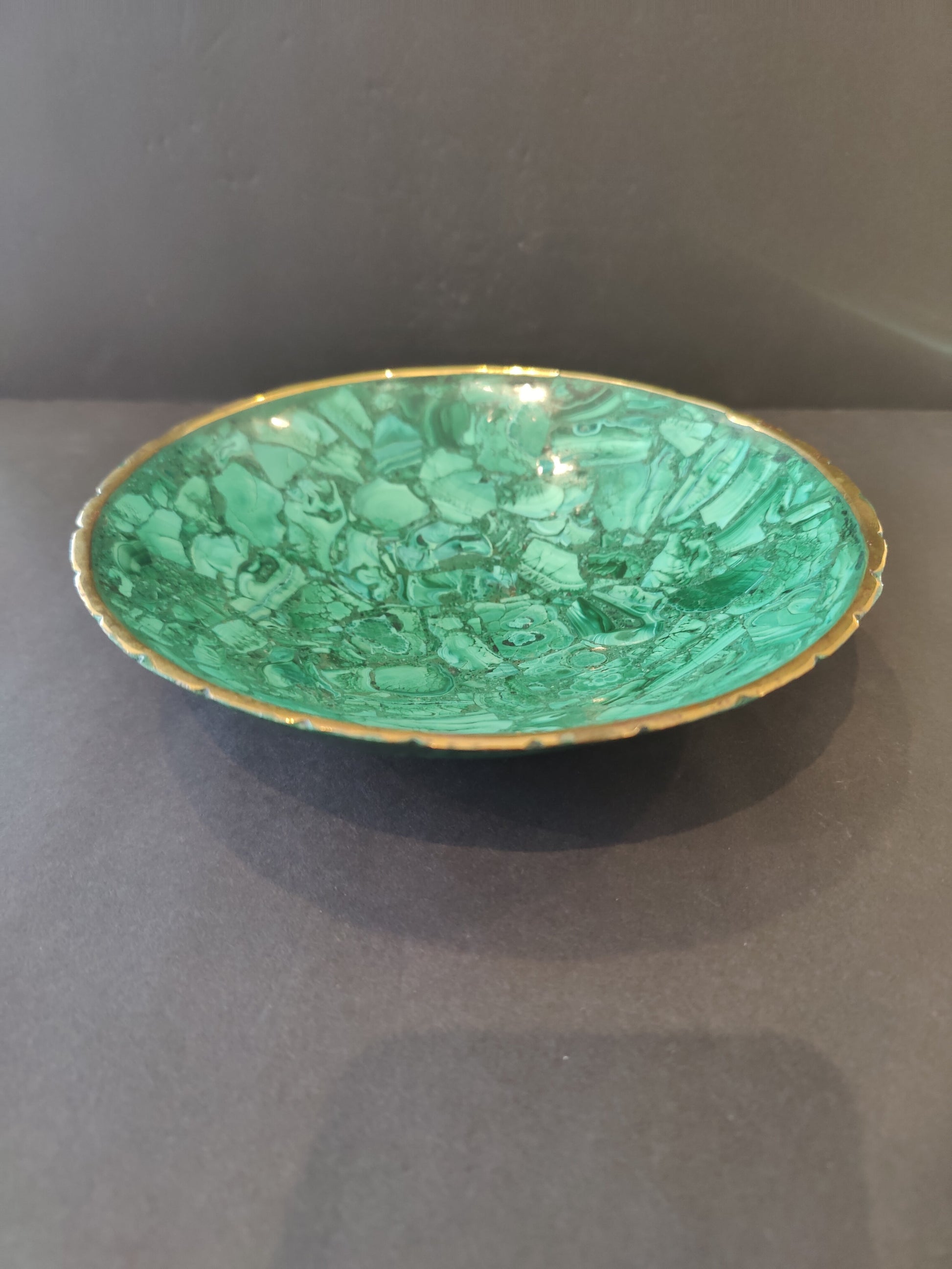 Polished green malachite decorative bowl with a gold rim, 8 inches across, banded green stone — view 2