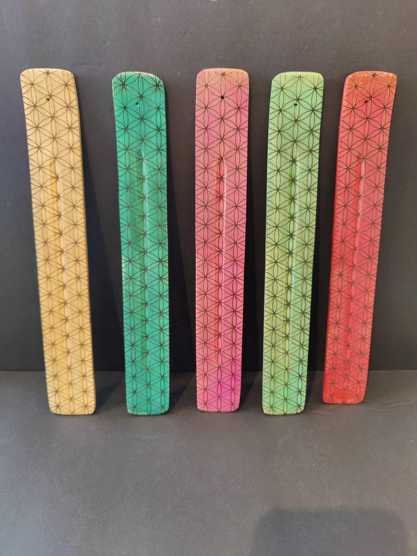 Ten-inch flat wooden incense burner printed with the Flower of Life pattern