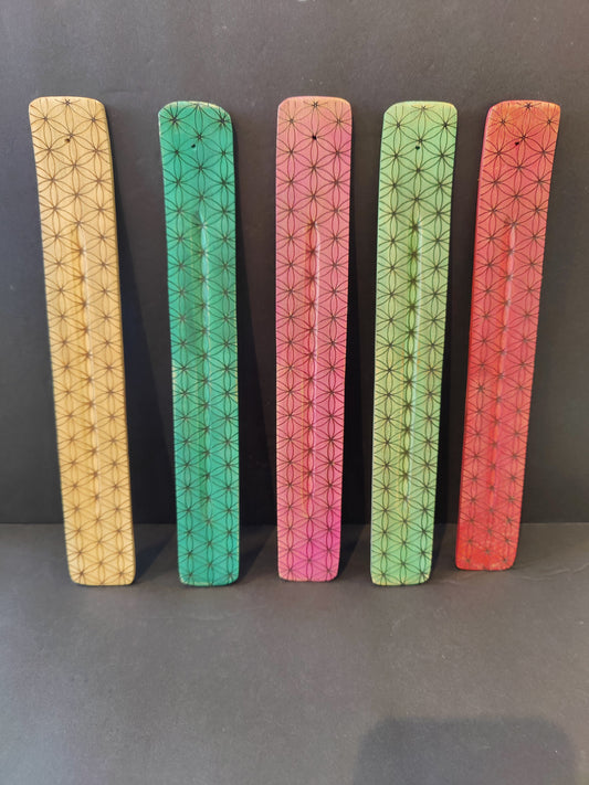 Ten-inch flat wooden incense burner printed with the Flower of Life pattern