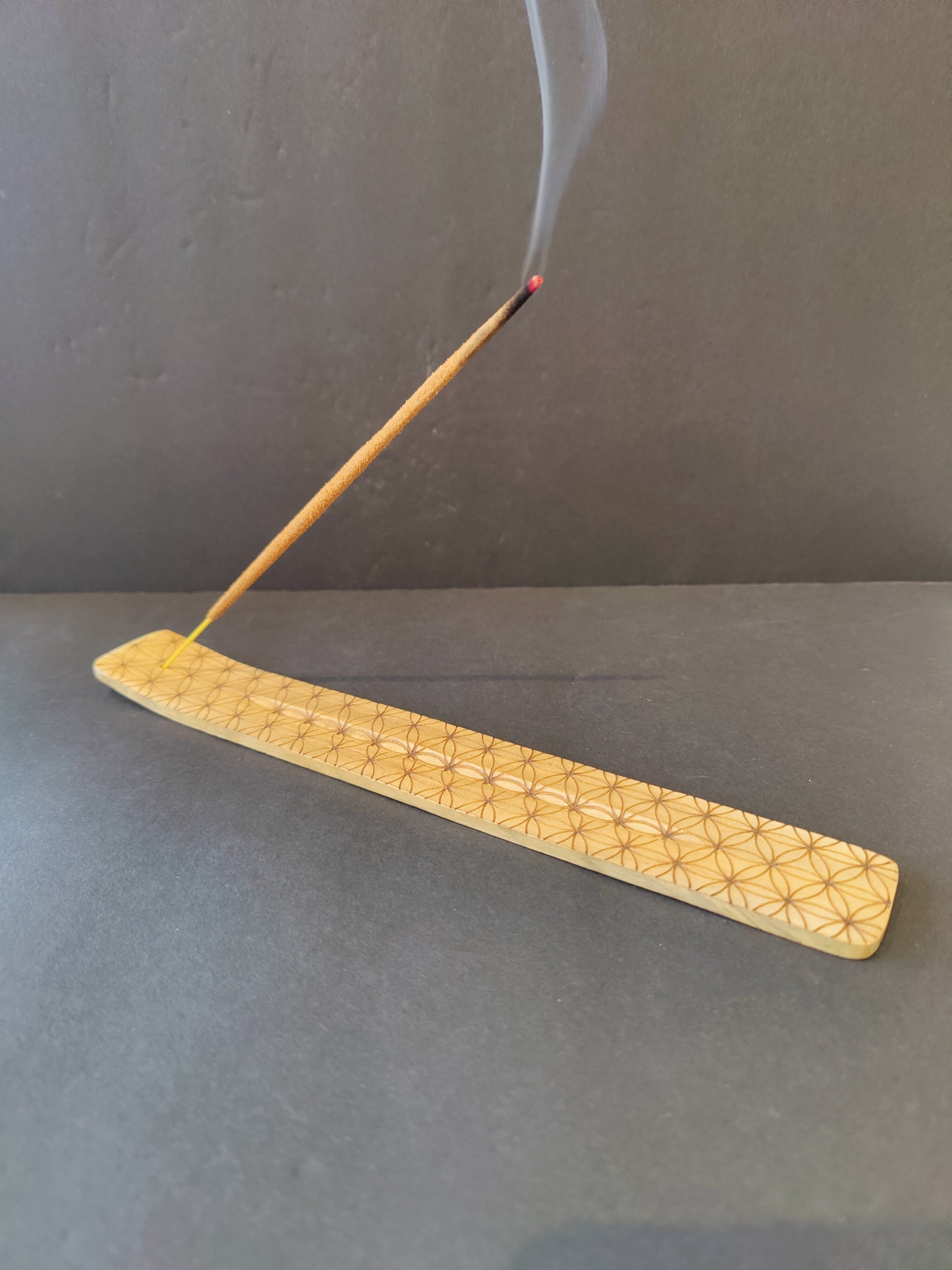 Ten-inch flat wooden incense burner printed with the Flower of Life pattern — view 2