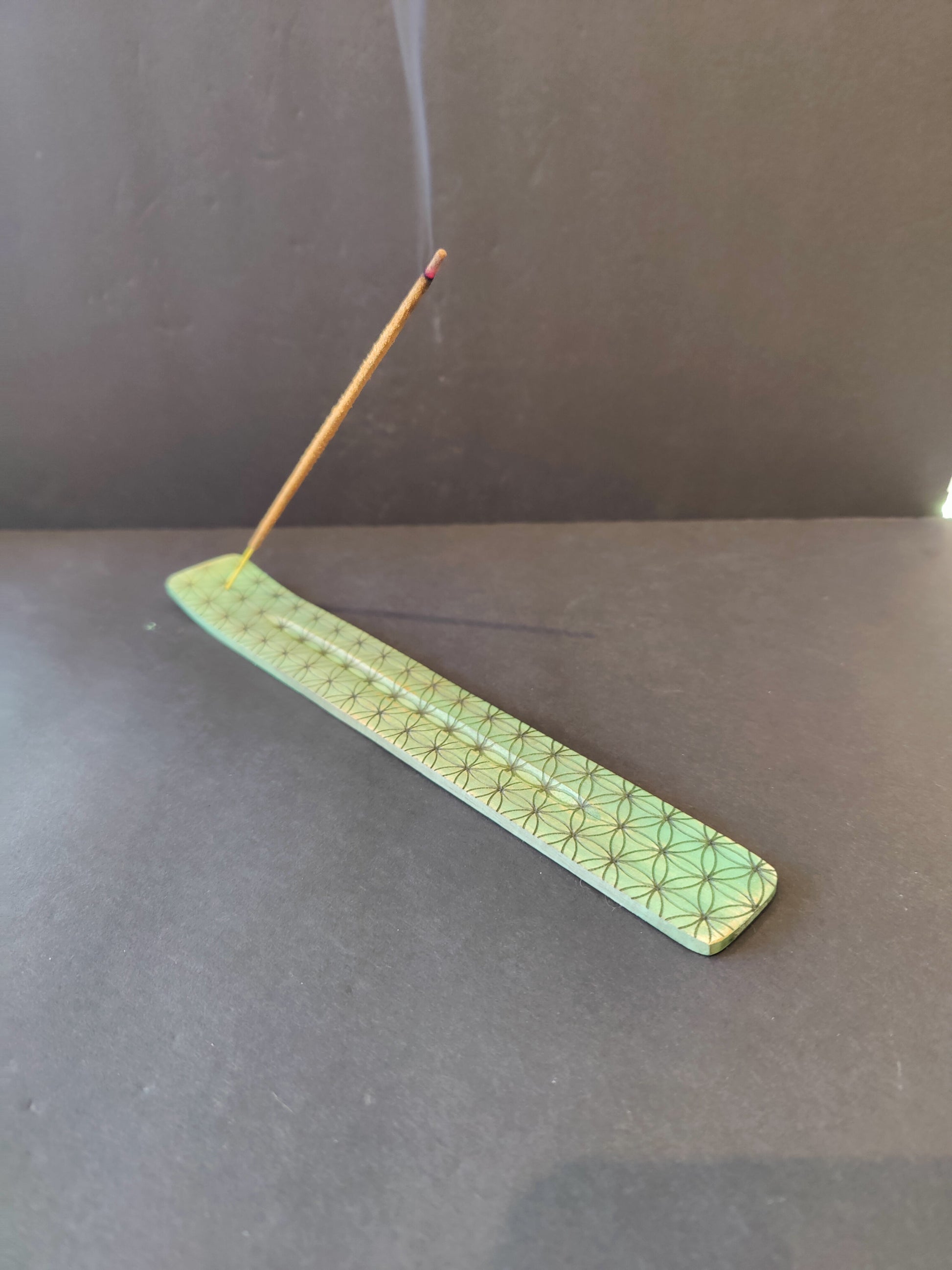 Ten-inch flat wooden incense burner printed with the Flower of Life pattern — view 3