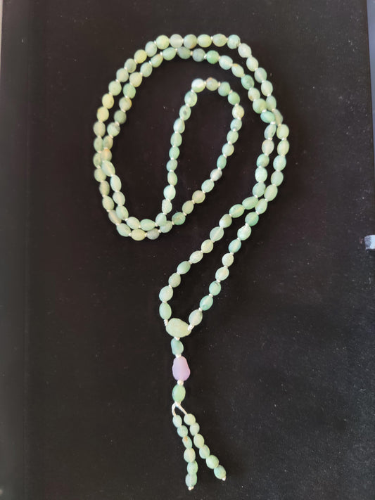 Gobi Desert green moss agate and amethyst 108-bead mala necklace, 34 inches long, green and violet beads