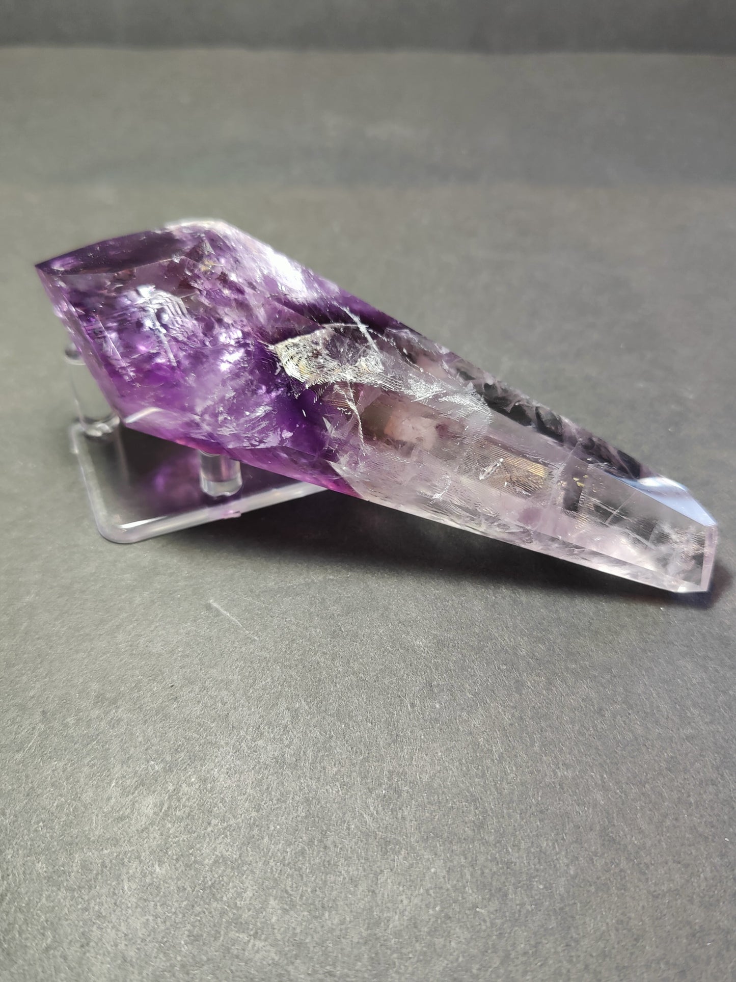 Amethyst scepter wand on its stand seen from above