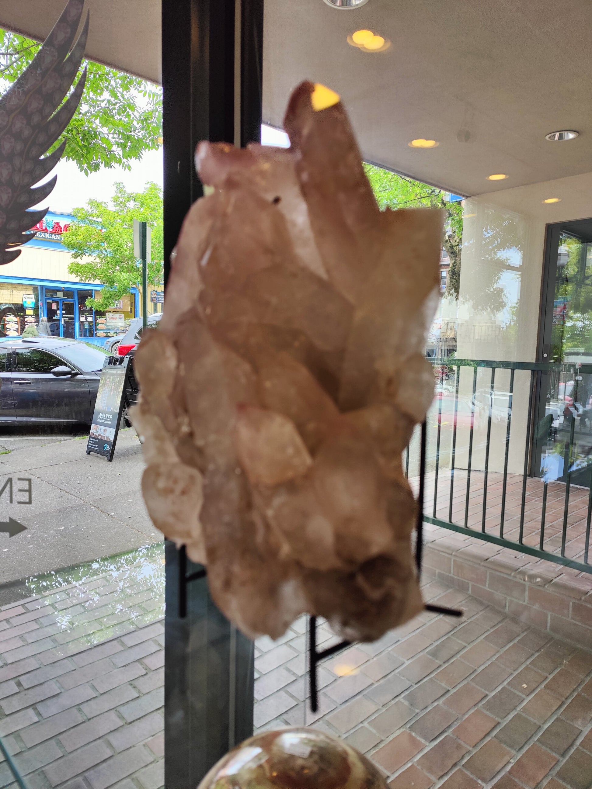 Large lithium quartz cluster with lilac grey coated points on natural quartz matrix — view 3