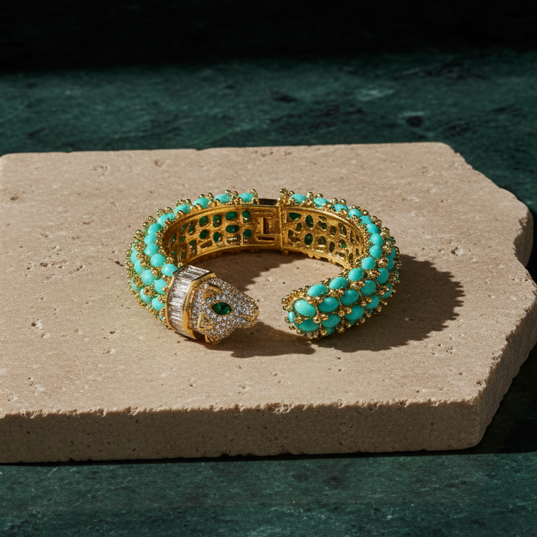 Turquoise panther cuff on a pale stone slab, rows of turquoise oval cabochons with gold beading and a pavé-set panther head.