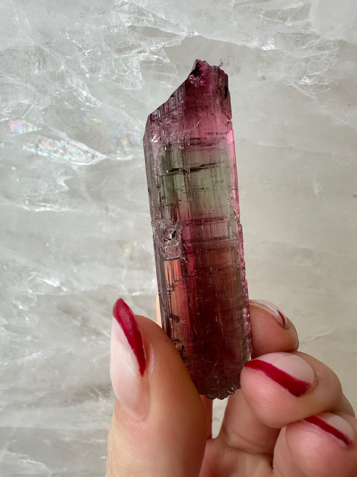 Side profile of the elongated watermelon tourmaline crystal
