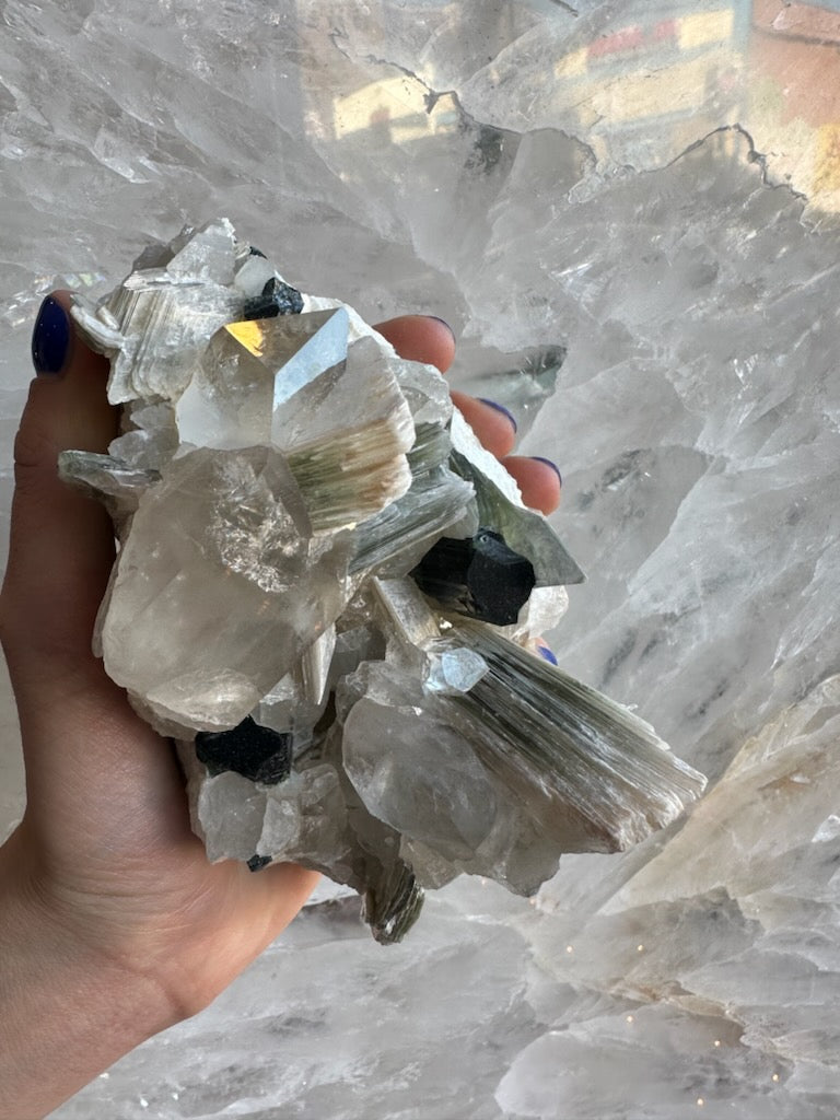 Blue indicolite tourmaline crystal on a quartz and muscovite matrix from Nuristan, Afghanistan, five inches across — view 5