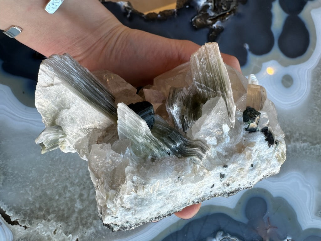 Blue indicolite tourmaline crystal on a quartz and muscovite matrix from Nuristan, Afghanistan, five inches across — view 8