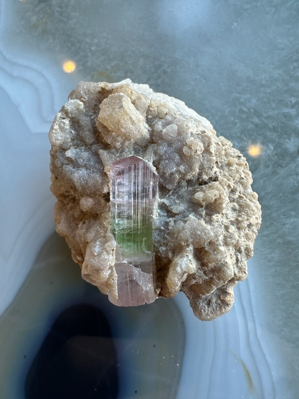 Detail of the pink and green tourmaline against the white albite