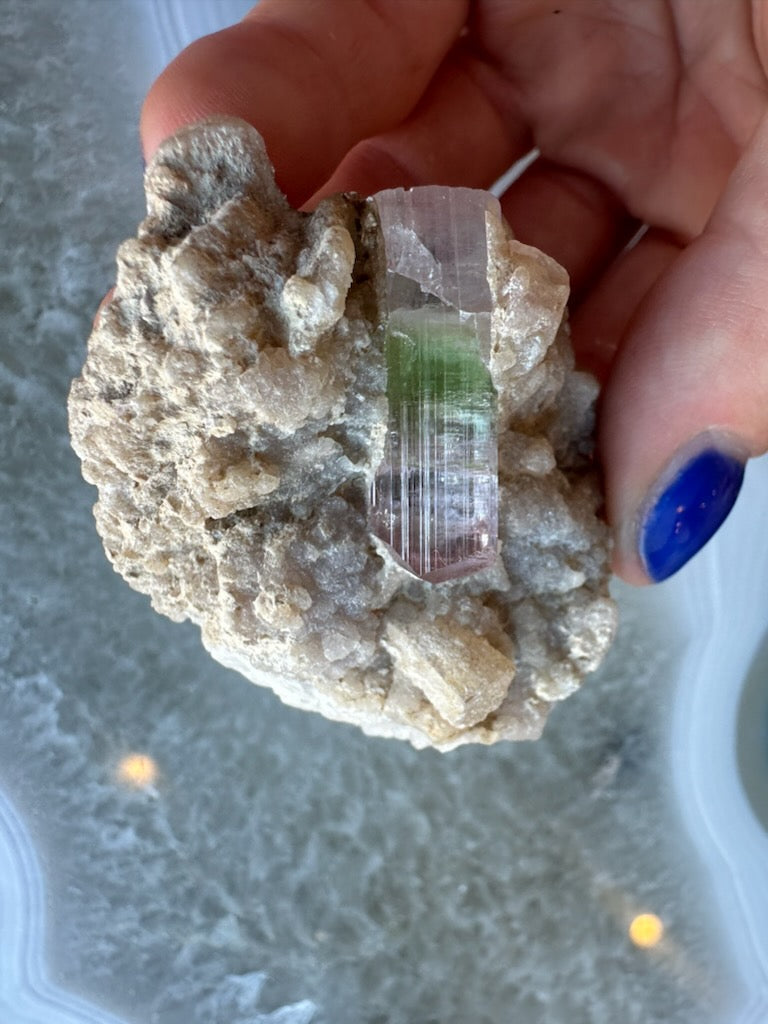 Side view of the tourmaline and its albite matrix