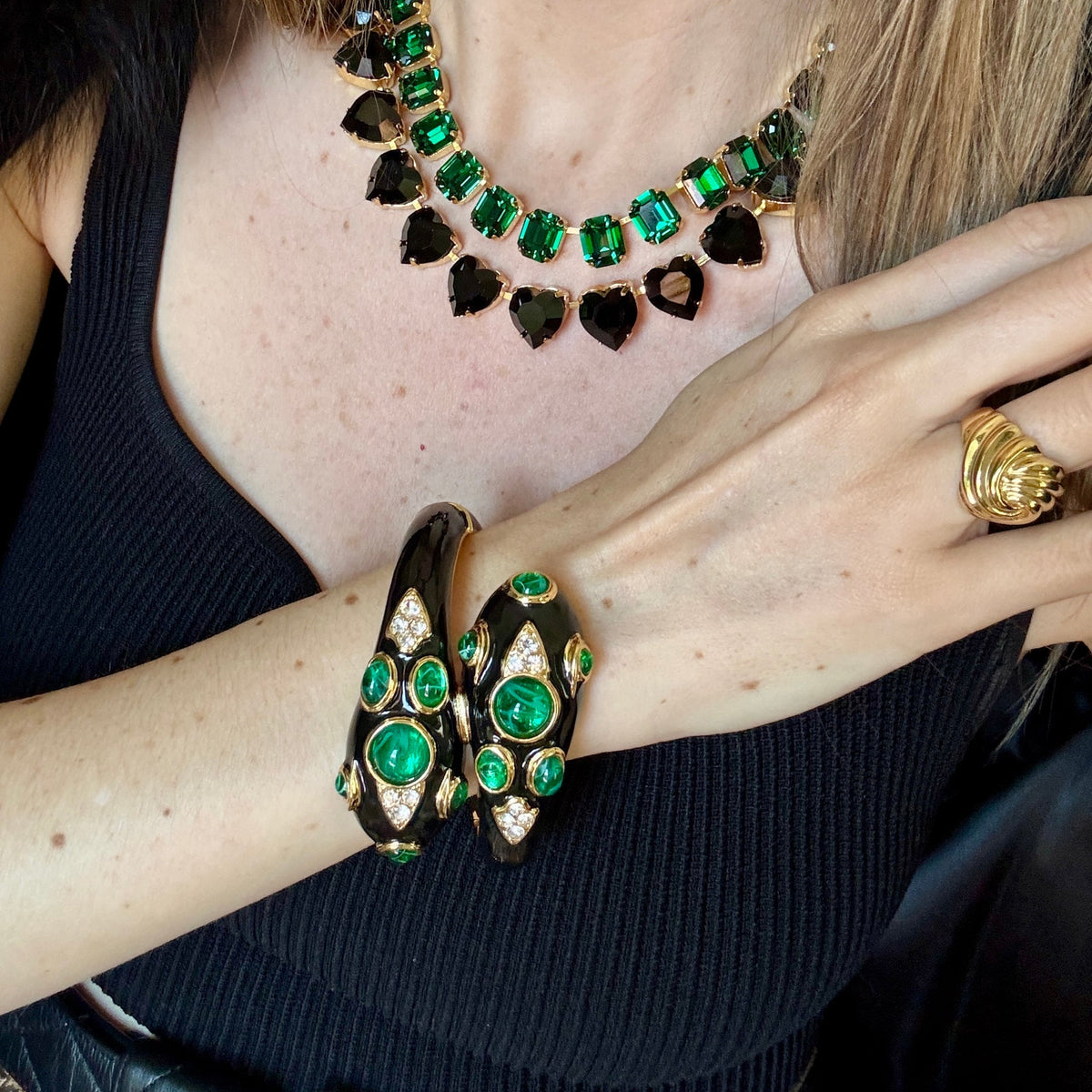 Styling shot: the black snake cuff worn with a green and black stone necklace and a gold ring; this listing is the bracelet only.