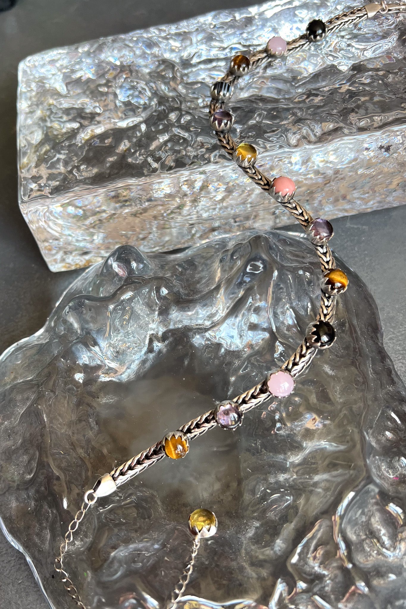 Chainmail Choker in Punk Rocks — woven sterling silver chainmail set with genuine opal, amethyst, tiger eye, agate, chalcedony and onyx