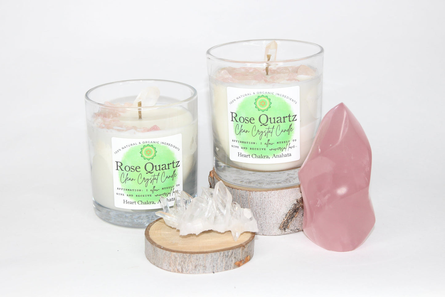 Close-up of the Rose Quartz crystals and clear quartz point on the candle