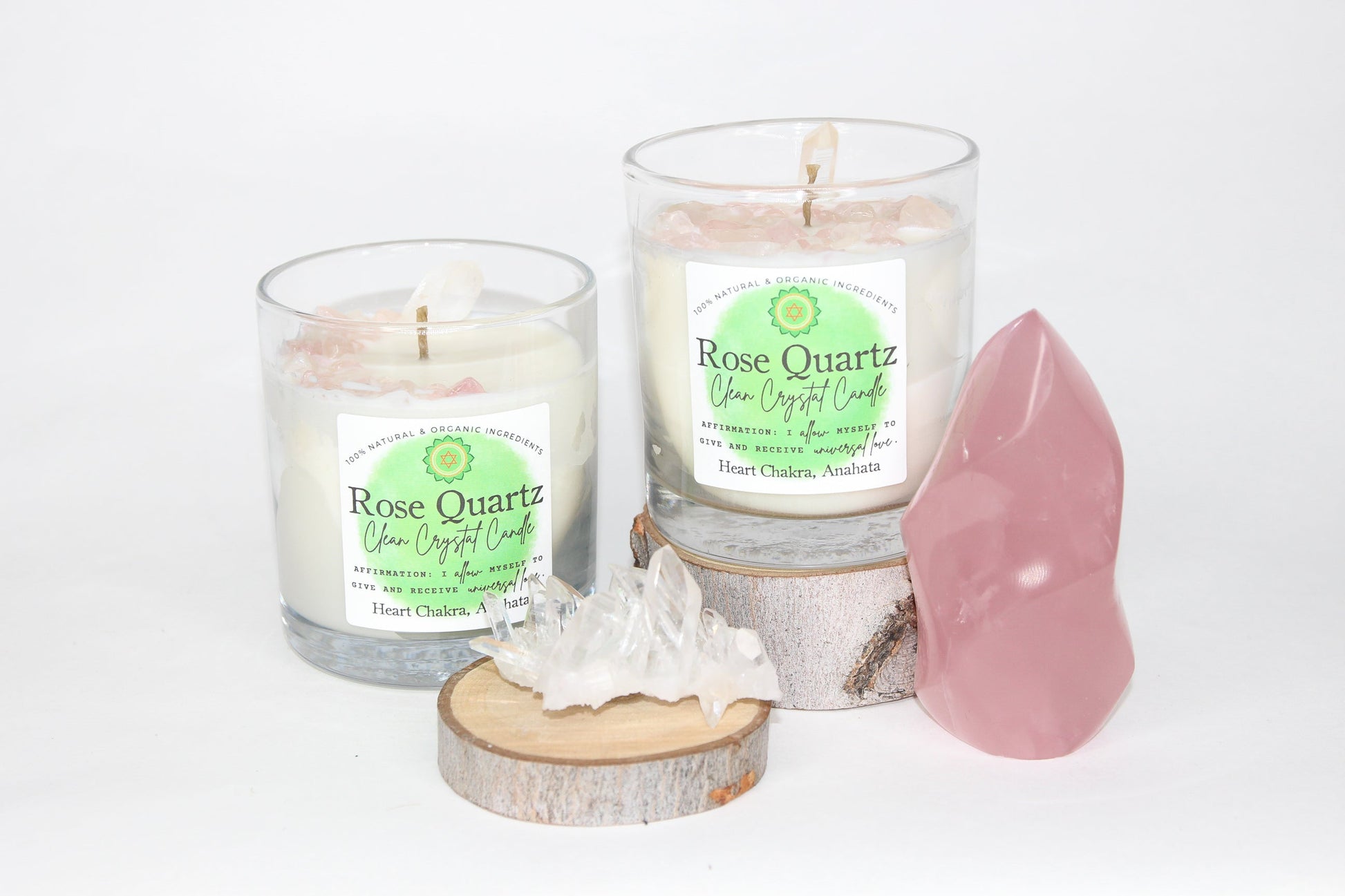 Close-up of the Rose Quartz crystals and clear quartz point on the candle