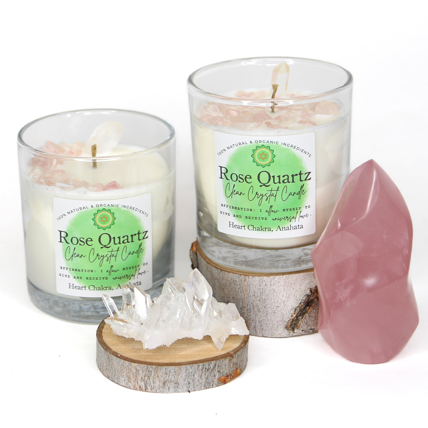Rose Quartz chakra candle in a reusable lead-free glass tumbler