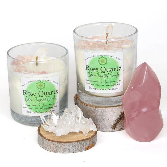 Rose Quartz chakra candle in a reusable lead-free glass tumbler