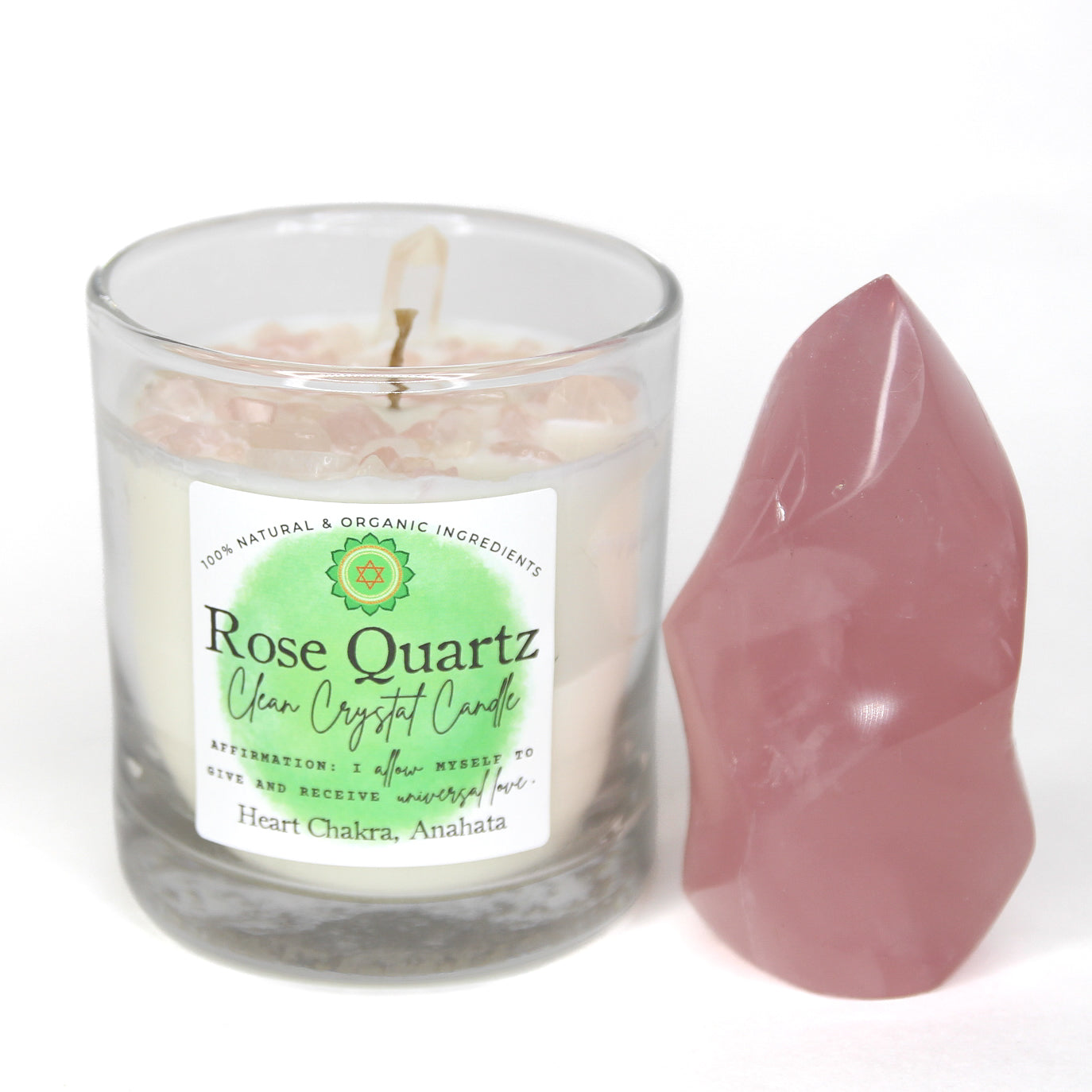 Crescent Moon and Full Moon crystal options for the Rose Quartz candle