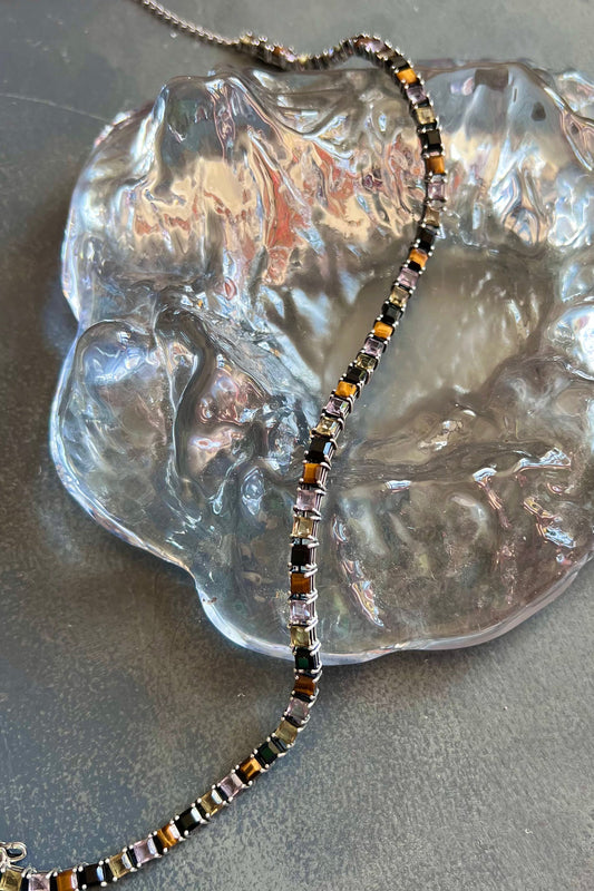 Punk Rocks Tennis Necklace in silver — step-cut tiger eye, black onyx, amethyst and yellow glass set in sterling silver
