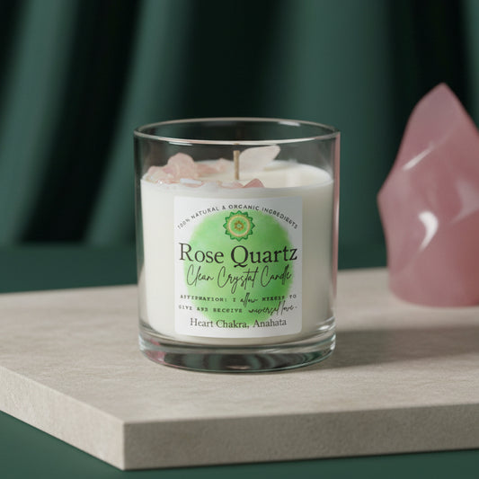 Rose Quartz Clean Crystal Candle in a clear glass, label reading Heart Chakra Anahata, on a pale ledge beside a rose quartz point against a dark green backdrop.