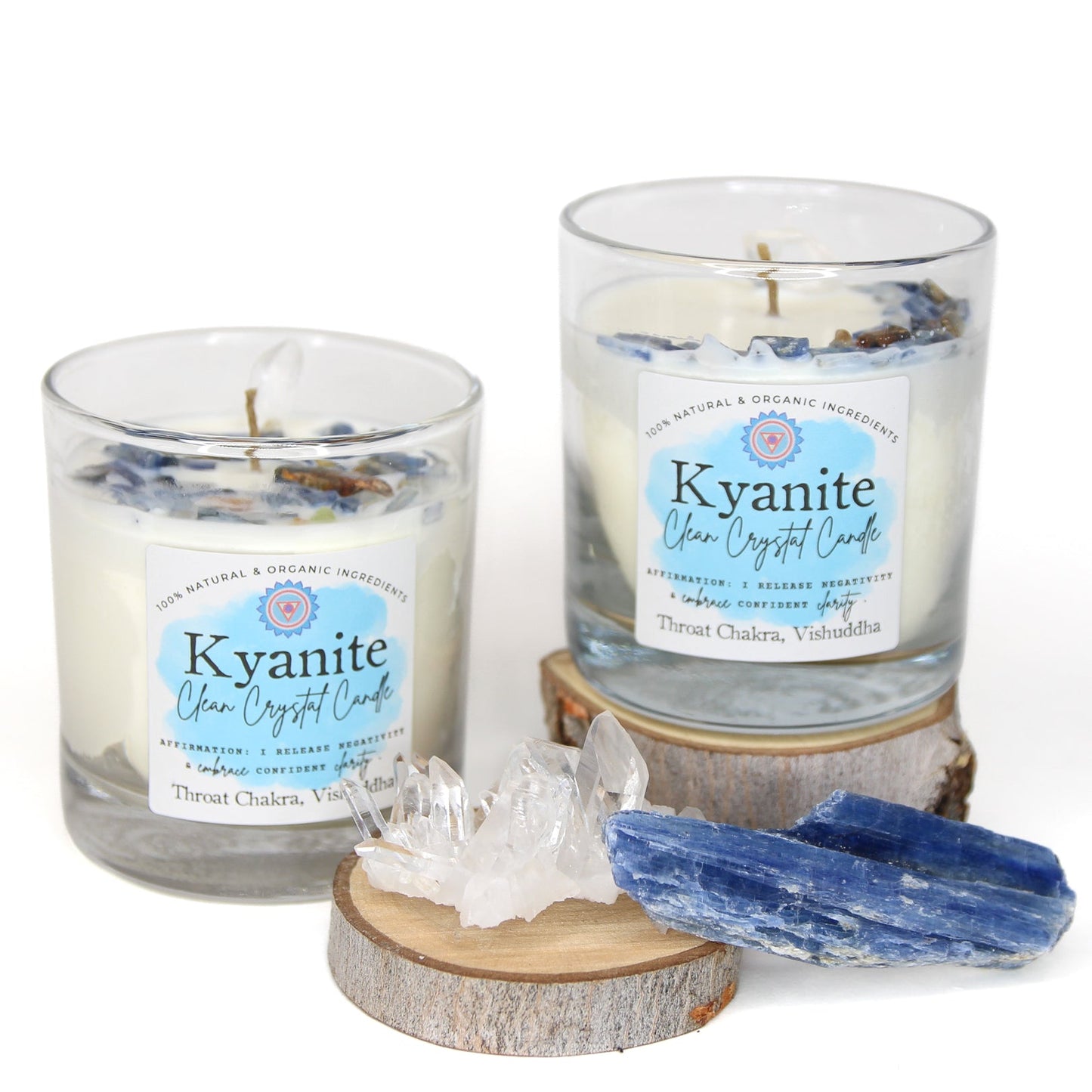 Close-up of the Blue Kyanite crystals and clear quartz point on the candle