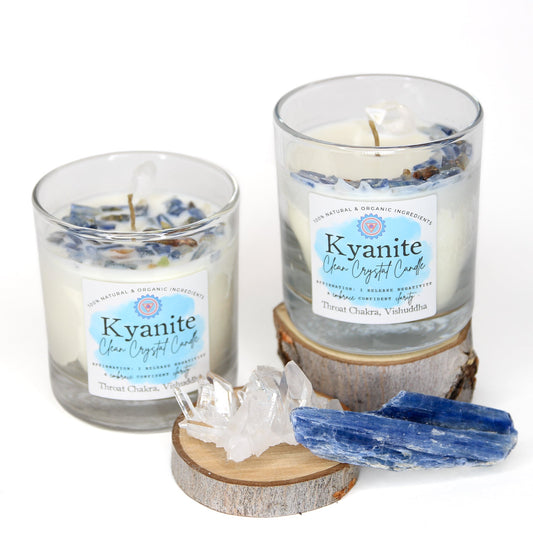 Blue Kyanite chakra candle in a reusable lead-free glass tumbler