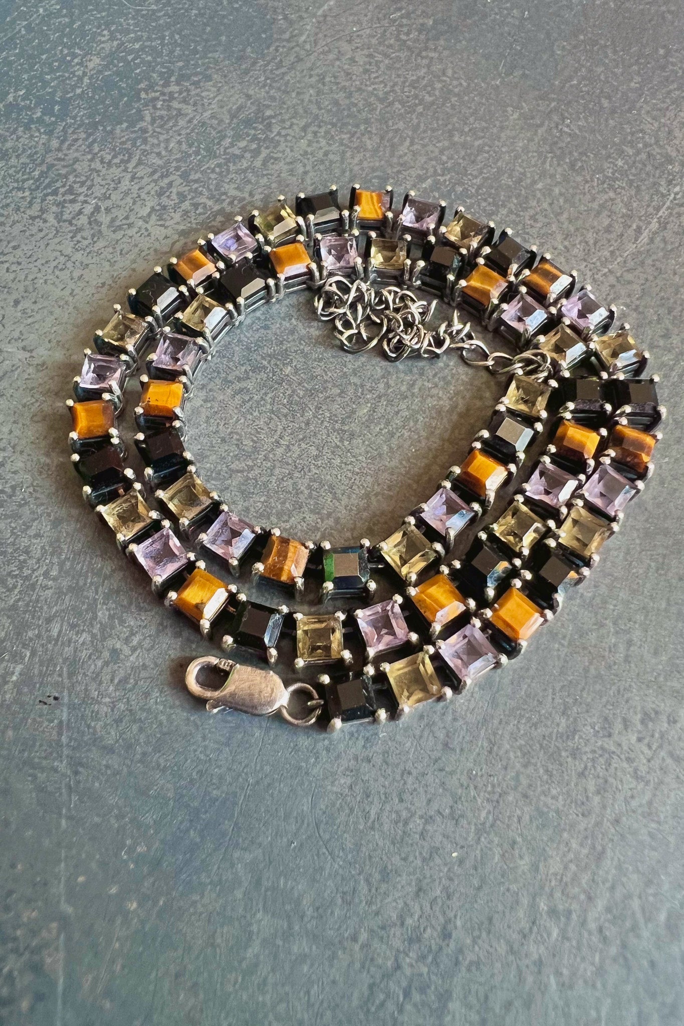 Punk Rocks Tennis Necklace in silver — step-cut tiger eye, black onyx, amethyst and yellow glass set in sterling silver — view 3