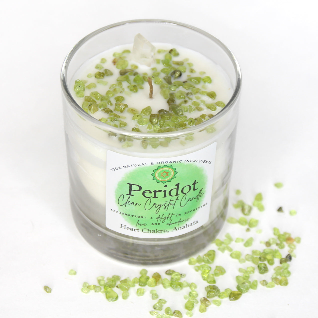 Peridot Clean Crystal Candle — Unscented Soy Candle for Heart Chakra & Abundance